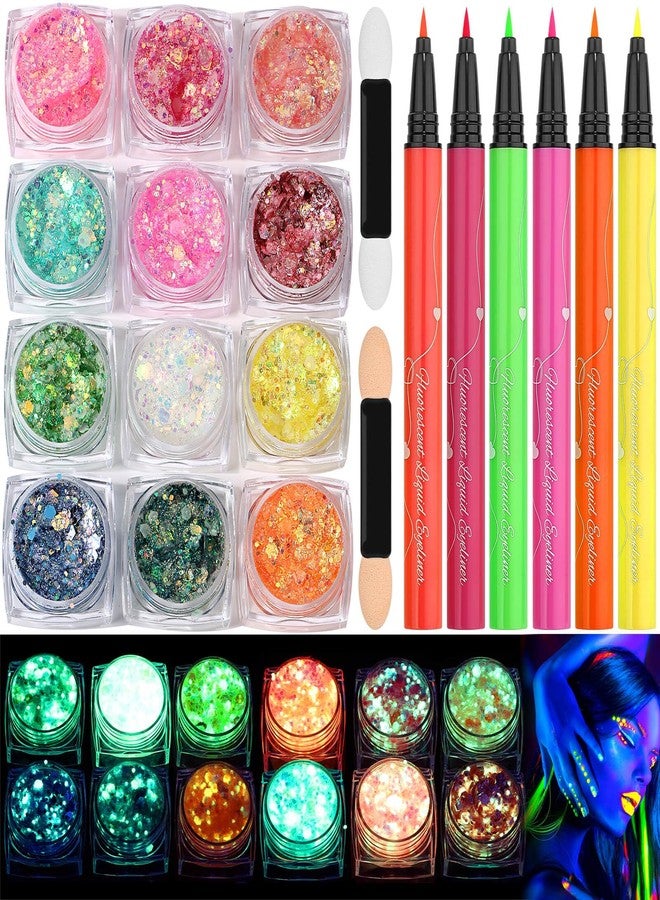 Flasoo Glow in The Dark Glitter Gel with UV Neon Liquid Eyeliner Pen Set for Body Face Hair Eye, Makeup Kit for Rave Accessories Party Halloween Anime Cosplay Concerts Festival Carnival Face Paint - Image 1